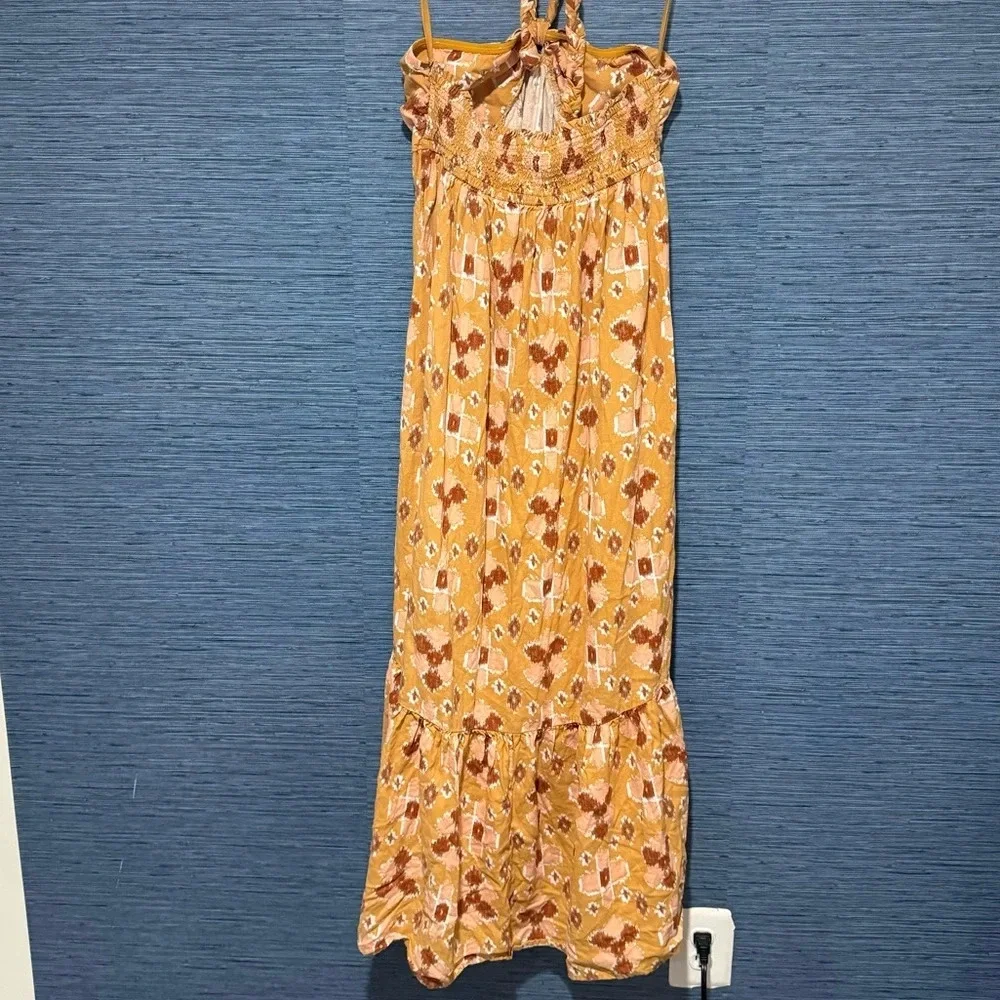 Aerie Linen Blend Halter Midi Dress Mustard Yellow Ikat Geometric Print Large